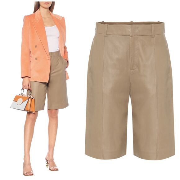 VINCE -NWT- $895 High-rise Leather Bermuda Shorts Tan Neutral | 6 - Picture 1 of 12
